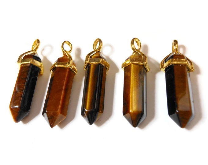 Tiger's eye pendant, natural Yellow bullet, Gold Bail, Reiki Pillar, Hexagonal Shape Stone, Jewelry Making Supply, you are bidding on one