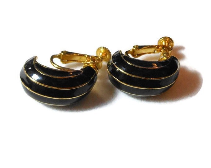 FREE SHIPPING Napier black earrings, 1980s black and gold enamel screw back earrings, gold stripes on black, half hoop