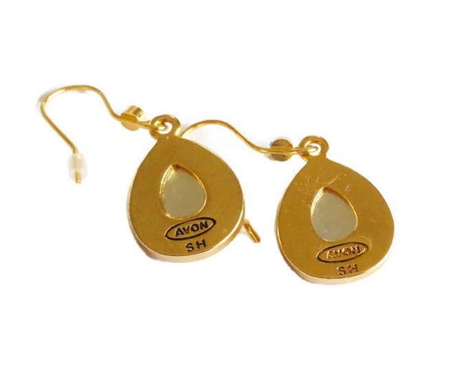 FREE SHIPPING Avon teardrop earrings, aurora borealis (AB) cabochons inside a frame of goldtone raised dots, french hooks amber rhinestone