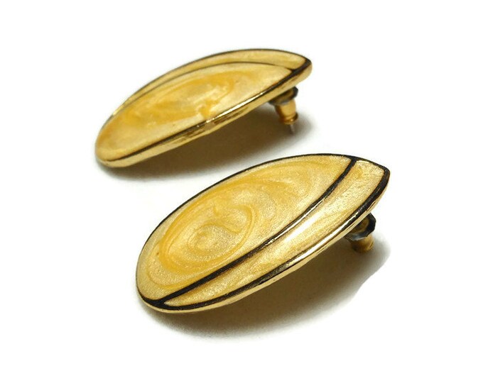 Butterscotch enamel earrings, yellow swirl iridescent teardrop pierced earrings gold tone.