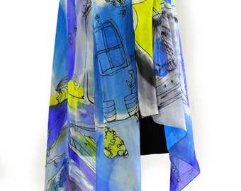 Hand painted silk shawl/Painting abstract shawl/Luxury scarf/Long woman sarong/Shawl in blue and yellow/Painting by hand abstract shawlH0138