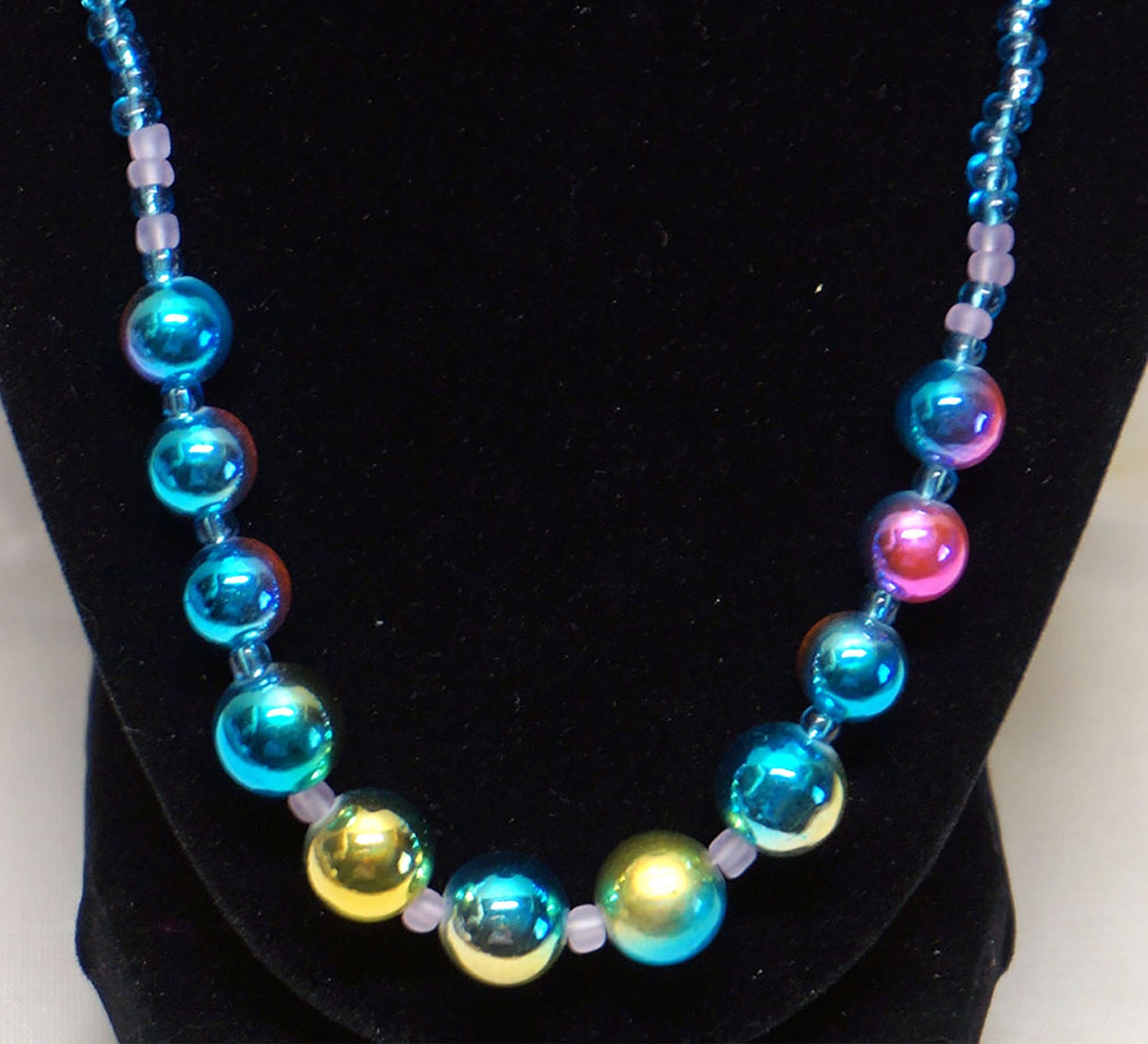 21 inch Blue Green Yellow Pink necklace of multicolored glass