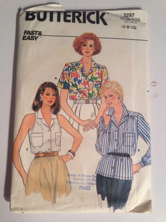 Butterick 3297 Sewing Pattern 80s UNCUT Fast ans Easy Misses Blouse Size 6-8-10