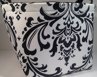 Extra Large 10 x 10 x 10 Fabric Basket Organizer Bin Storage Container- Black on White Damask Print with Solid Black Interior