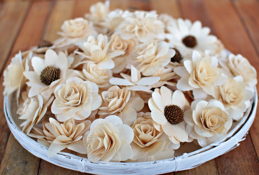 100 Pcs Wooden Flowers Natural Colorfor Weddings Home