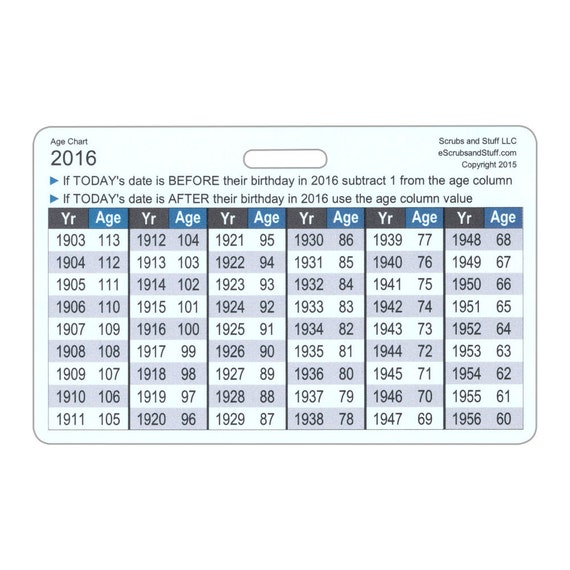 Age Calculation Chart Horizontal Badge Card Reference Sheet