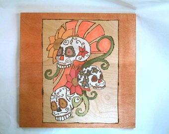 Pyrography,wood burning ART,Sugar Skulls handmade wall plaque