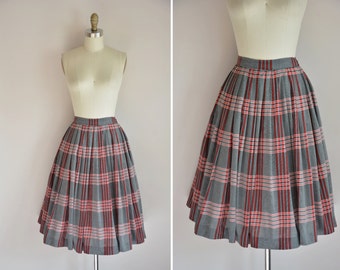 50s Young Scholar skirt/ vintage 1950s cotton skirt/ vintage plaid full skirt