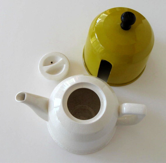 Vintage Yellow Teapot Insulated metal Cozy white ceramic