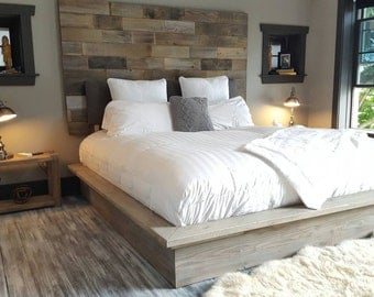Weathered driftwood finish platform bed base ;CA King, King, Queen, Full, Twin