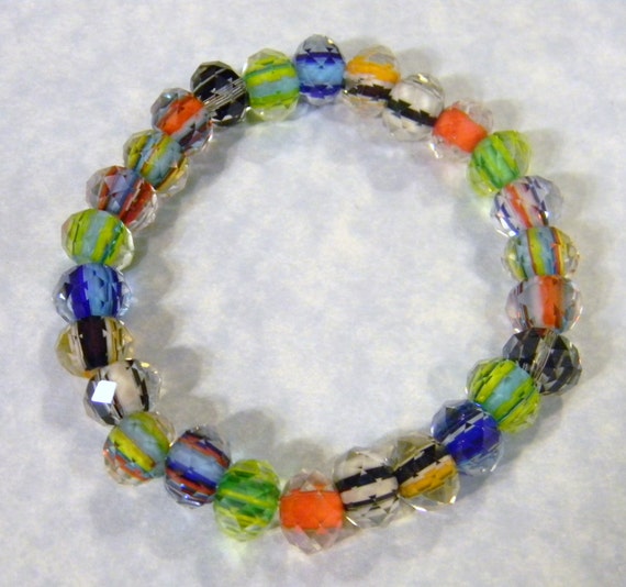 Faceted Multicolor Rainbow Furnace Cane Bead Stretch Bracelet