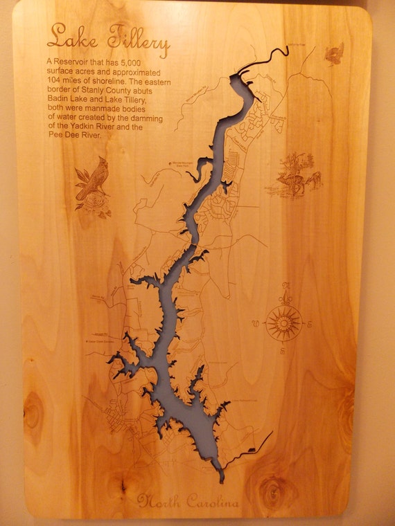 Wood Laser Cut Map of Lake Tillery NC Topographical Engraved