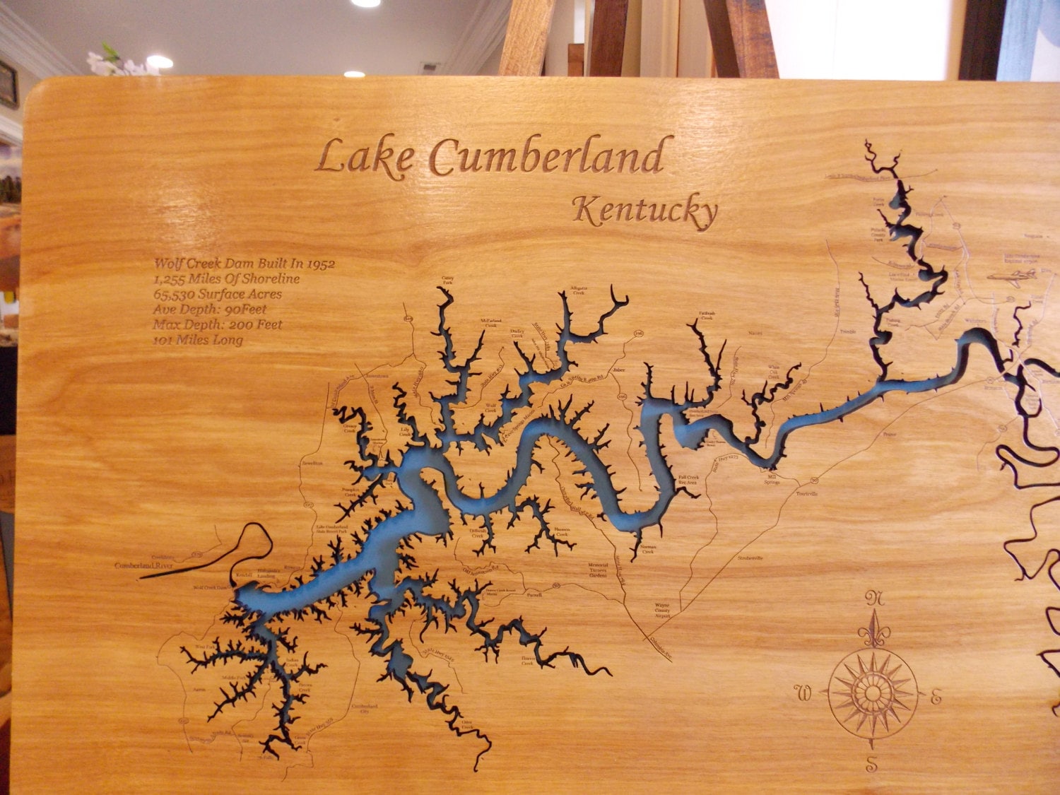 Wood Laser Cut Map Of Lake Cumberland Ky Topographical