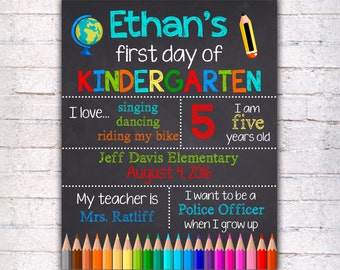 First Day of Kindergarten Sign 1st grade chalkboard - Printable - Photo Prop - Personalized Sign for boy blue red 16x20 11x14 8x10 - 020