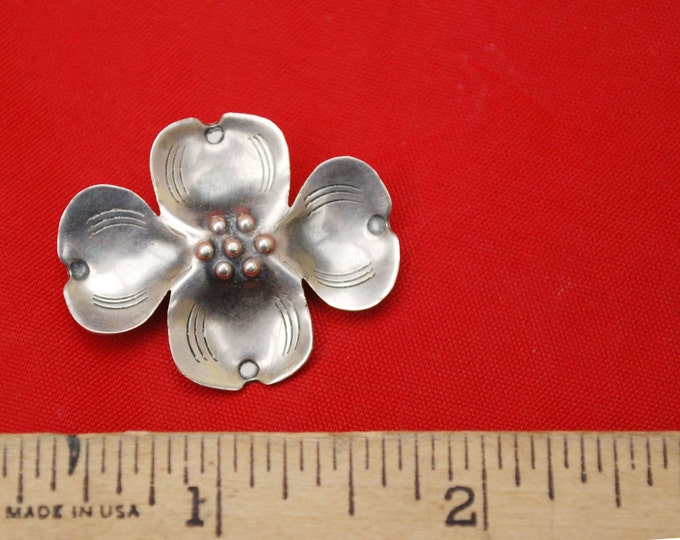 Dogwood flower Brooch - Sterling Silver - Signed Handmade - Floral Pin