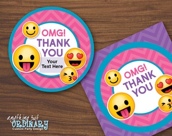 Emoji Thank You Tags, Printable Girl's Emoji Party Gift Tags, Editable Circle Labels, INSTANT DOWNLOAD, digital file