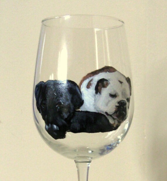 Bulldog Black Lab Painted Wine Glass Dog Decor Pet