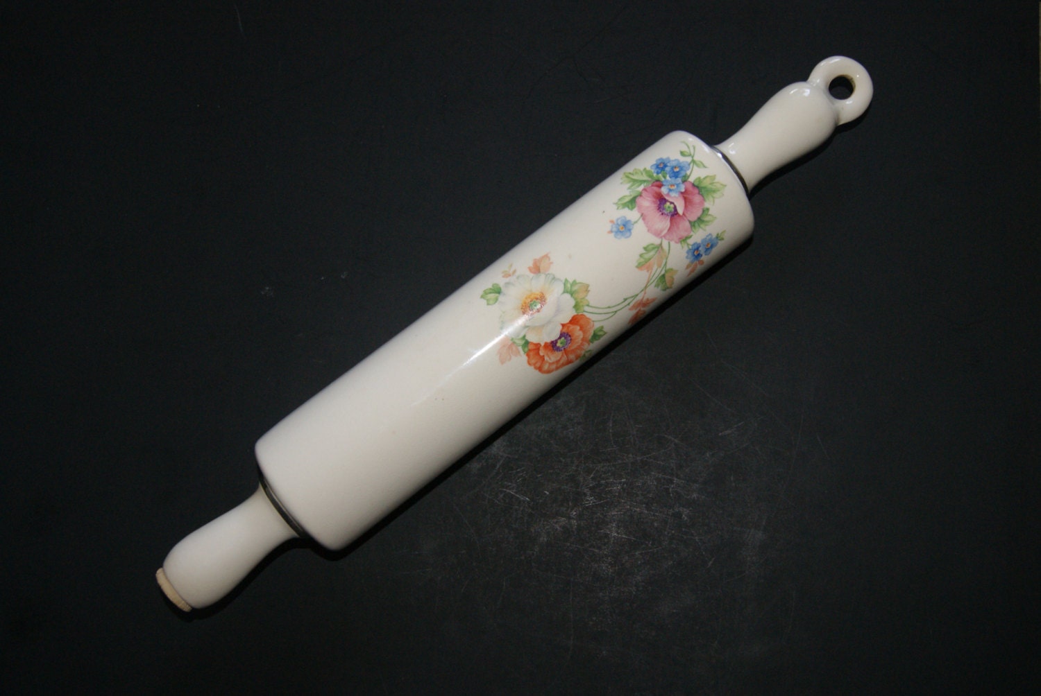 Vintage 1940s HARKER White Ceramic Rolling Pin With Multi