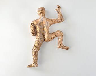 Hanging sculpture - Modern metal art - Climbing man sculpture - wire mesh sculpture - Gold