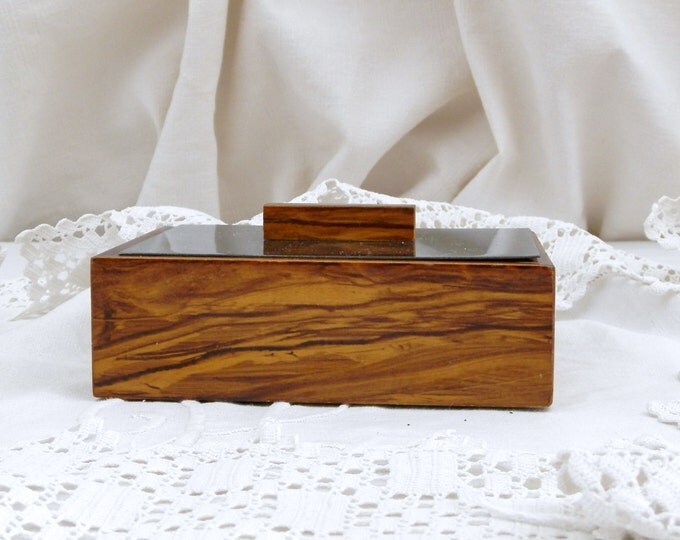 Vintage French 1960s Mid Century Modern Veneered Wood and Stainless Steel Box with Mirrored Base, Retro 60s Jewelry Trinket Container