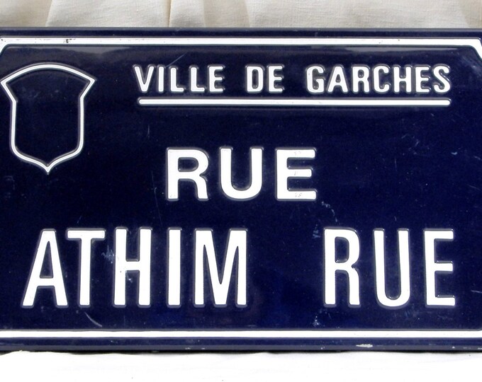 Vintage French Embossed Blue and White Enamel Metal Street Sign "Athim Rue" Street in the Town of Garches near Paris, Porcelain Sign France Vintage French Embossed Blue and White Enamel Metal Street Sign "Athim Rue" Street in the Town of Garches near Paris, Porcelain Sign France