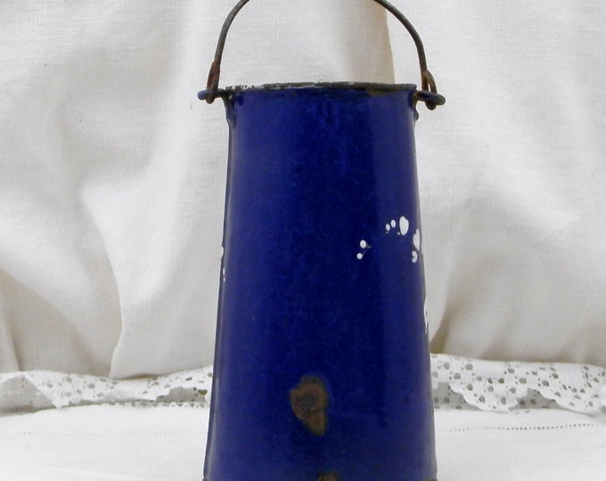 Antique French Early Enamelware Blue with White Hand Painted Flower and Butterfly Pattern Milk Pail / Churn, French Enamel Country Decor