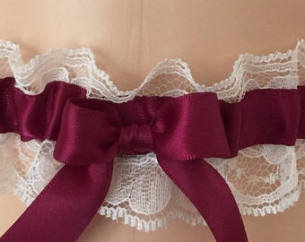 Burgundy and Ivory Lace Wedding Garter, Bridal Garter, Prom Garter, Garter Belt, Lace Garter, Plus Size Garter