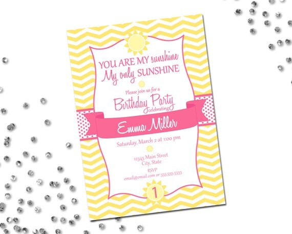 You Are My Sunshine Birthday Party Invitation - Sunshine Birthday - Yellow and Pink - Chevron Stripes - DIY - Printable Il_570xn