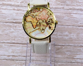 White World Map Watch, Women Watches, Leather Watch, White Leather Watch, World Watch, Wrist Watch, Woman Gift, Teen Gift, Teenager Gift