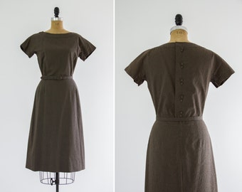 vintage 1950s day dress | olive green 50s cotton dress | 1950s wiggle dress