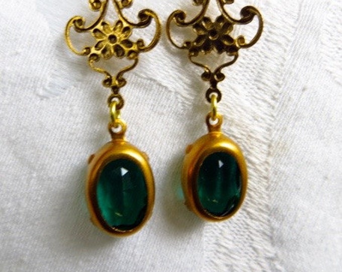 Art Nouveau Earrings, Emerald Green Czech Stones, Drop Earrings