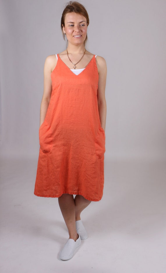 Orange linen dress. Orange dress. Linen dress. by Maliposhaclothes