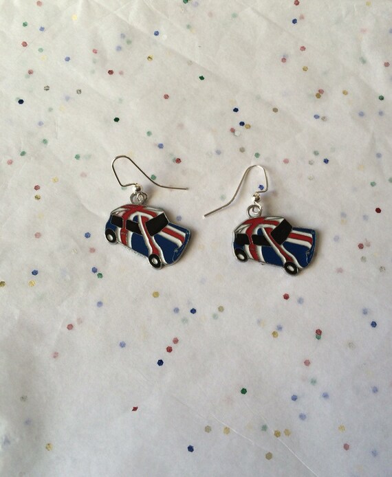 Mini Cooper Earrings Red Blue & White British Flag on a