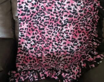 Leopard Fleece Blanket/Throw...Pink and Black..No Sew..Reversible..Double layer..Fringe..Hand tied..Gift