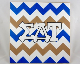 hand painted Sigma Delta Tau letters outline with chevron background 12x12 canvas OFFICIAL LICENSED PRODUCT