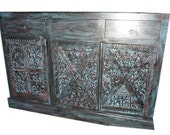 Antique Sideboard Media Console Buffet Distressed Blue Patina Tribal Carved Indian Furniture