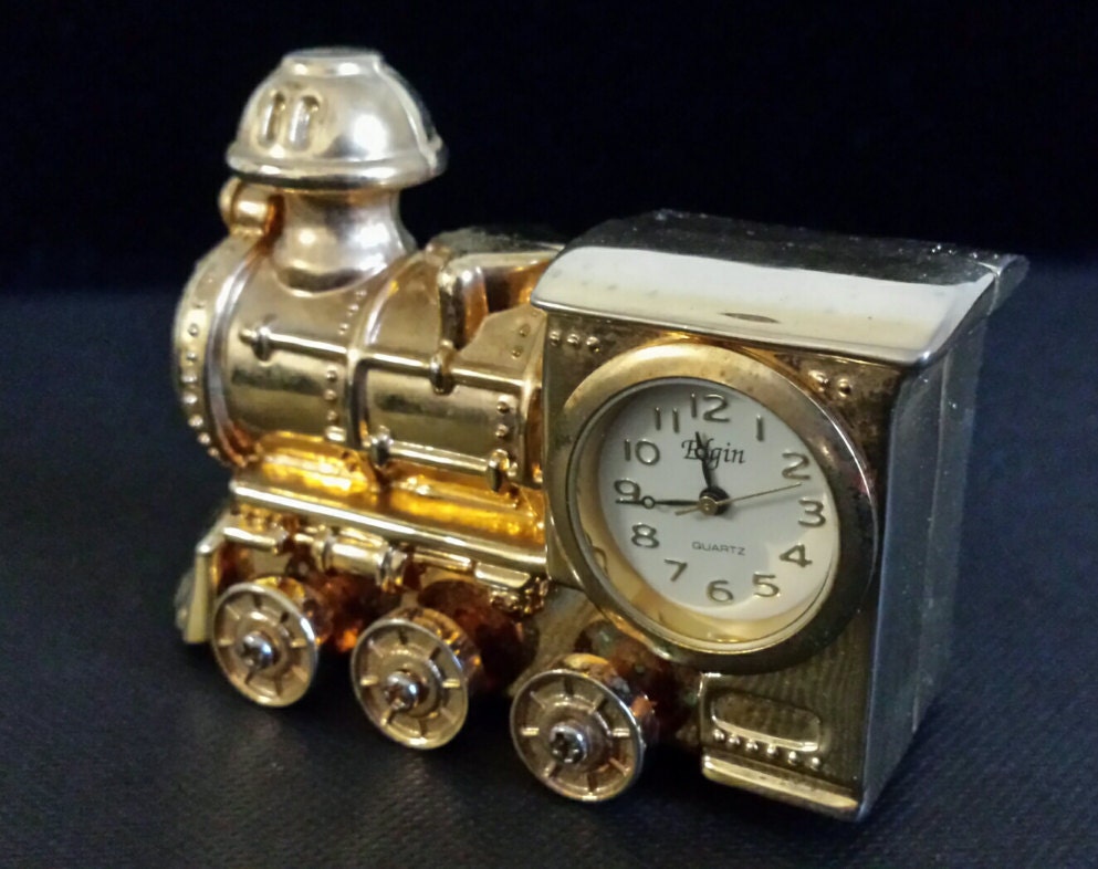 Miniature Train Clock Elgin Brass Moving Wheels