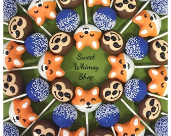 24 Fox, Sloth, & Sprinkle Cake Pops for zoo birthday, kawaii, Zootopia party, hipster wedding, groom's cake, Wild Kratts, jungle, shower
