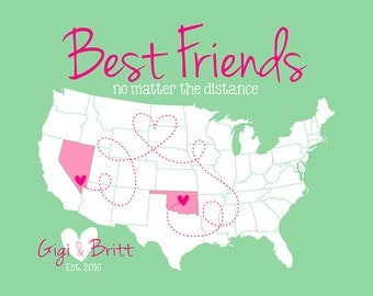 Best Friends Gift, Long Distance Friendship - Personalized Map Art Print, Birthday Gift for Best Friends, Sister, Childhood Friend | WF63