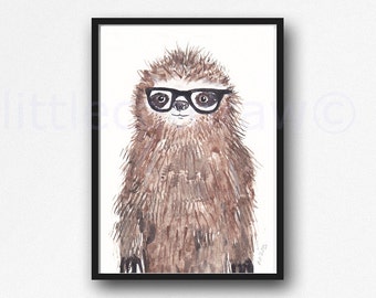 Sloth Print Geek Sloth Cool Nerd Wearing Glasses Sloth Watercolor Painting Wall Art Animal Art Print Bedroom Wall Decor Sloth Gift