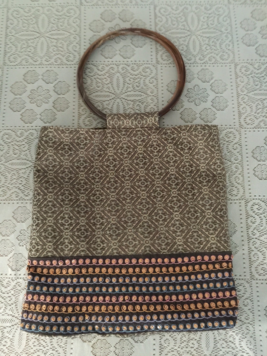 Embroidery and Sequins Bag Round Handle Purse Brown Tweedy