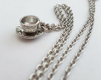 Silver teacup necklace, antique silver tea cup and saucer charm on chain