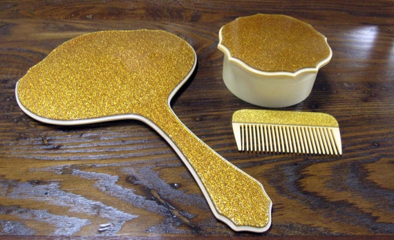Art Deco Celluloid Vanity Set - mirror, comb and powder box