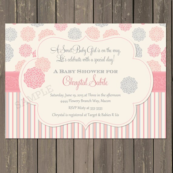 Pink and Grey Baby Shower Invitation with Modern Floral Blooms, Floral Baby Shower Invite, Baby Girl Shower Invitation Il_570xn