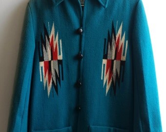 Ortega's Chimayo Jacket Turquoise Mens Unisex Distressed Fade Southwest Native Wear 1970s True Vintage New Mexico Spanish Colonial Weaving