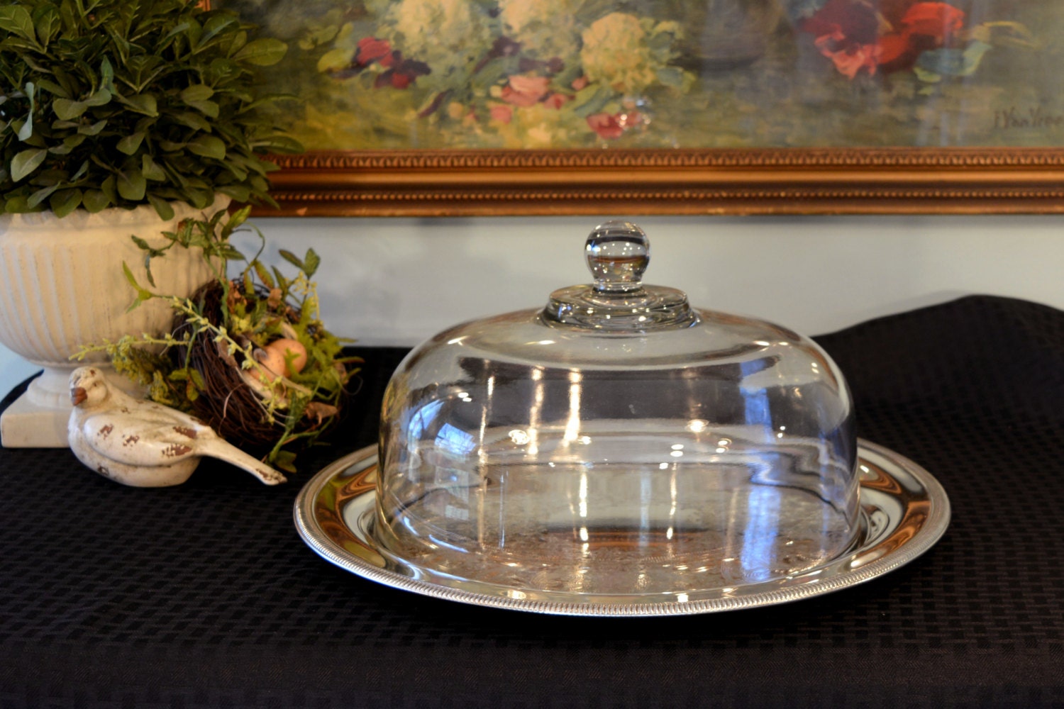 Large Silver Plate Serving Platter with Crystal Cake Dome Large Cake