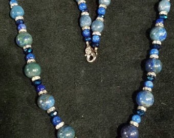 Genuine Denim Lapis Lazuli Necklace with Glass Beads & Bling Beads NK100