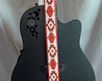 Ukulele Strap Guitar Strap Red, White, Gold Native American Inspired Hand Beaded