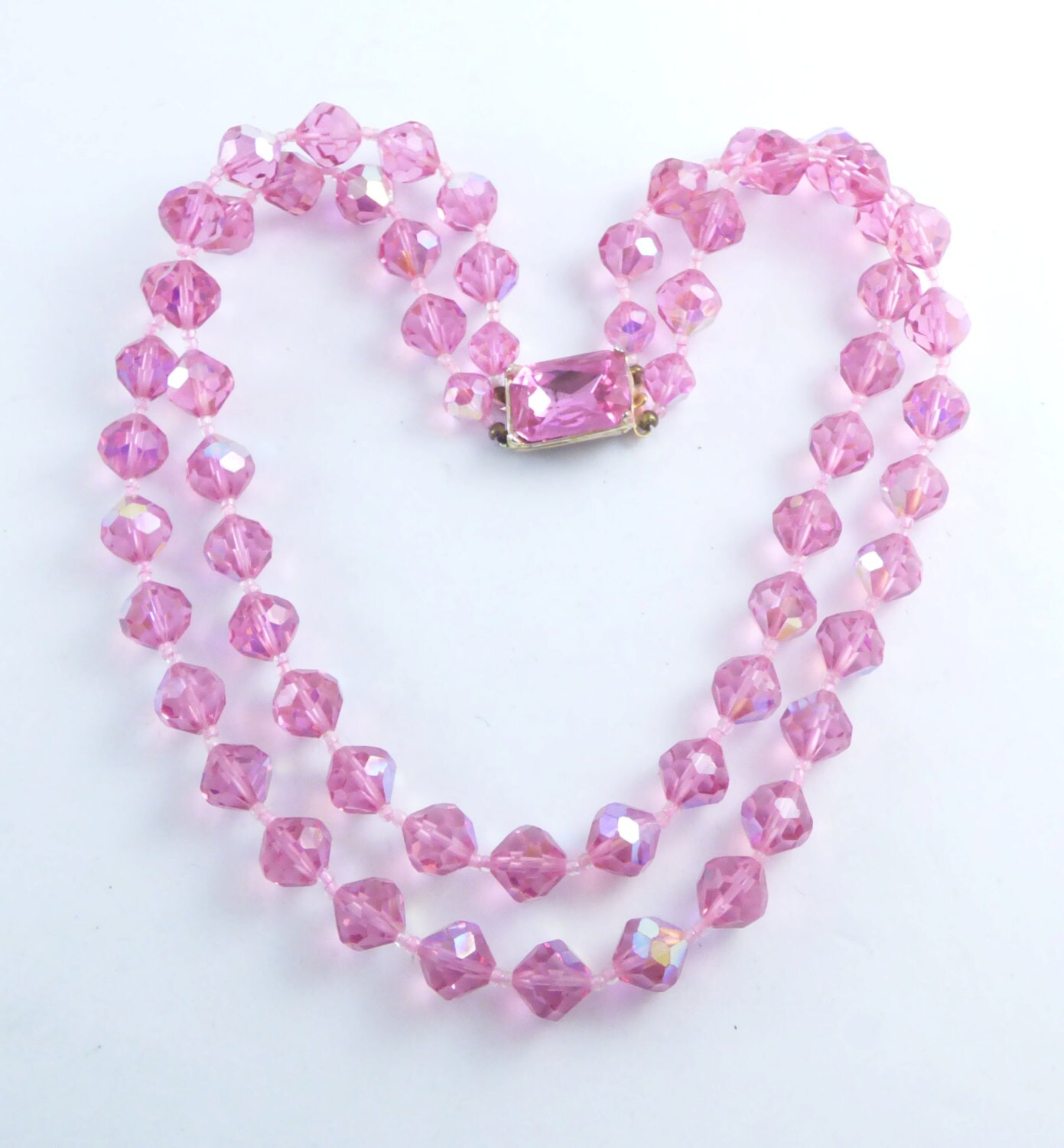 Pink Faceted Glass 2 Strand Beaded Necklace with Crystal