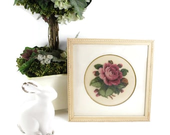 Vintage Rose Petit Point Framed Picture, 1940's Decor, Shabby Chic Needlepoint Collectible